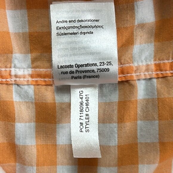 Lacoste Men’s Regular Fit Orange White Plaid Long Sleeve Button Down Shirt Sz M - Picture 8 of 8